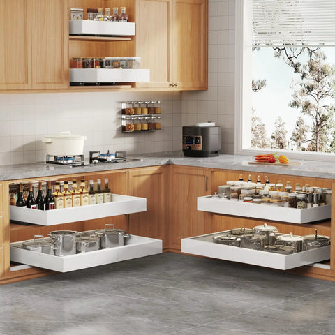 Two Pack Zero Fuss Pull Out Cabinet Organizers Built Like A Tank Smooth As Butter Roll Out Shelves Adjusts 15 To 26 Inches Wide displaying organized kitchen storage.
