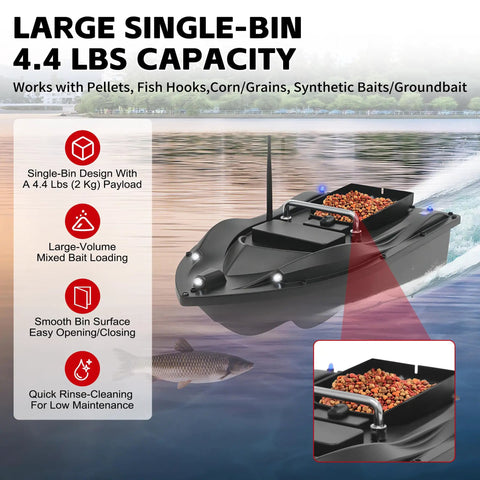RC Fishing Bait Boat With GPS Positioning Long Range Remote Control Up To 1968 Feet in water showing single-bin loaded with bait