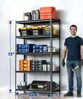 Straight Up Heavy Duty Storage Shelves Rock Solid 5 Tier Black Metal Rack 2180 Lb Capacity with tools and bins in garage