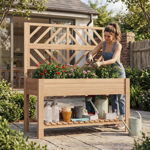 Person gardening in a Wooden Elevated Garden Bed With Trellis On Sturdy Legs Free Standing Planter Box With Storage Shelf 47 By 24 By 55 Inches Space Saving Design For Flowers Herbs Veggies And Climbing Vines On Patios And Balconies
