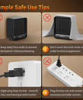 Infographic showing safety tips for Ultra Compact 500W Desk Space Heater with Quiet Electric Heating and PTC Ceramic Core.