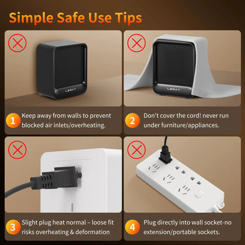 Infographic showing safety tips for Ultra Compact 500W Desk Space Heater with Quiet Electric Heating and PTC Ceramic Core.