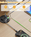 Slick Clutch Desk Power Grommet Featuring Retractable Usb C Cable with dual AC outlets and 4 USB ports on desk surface.