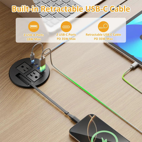 Slick Clutch Desk Power Grommet Featuring Retractable Usb C Cable with dual AC outlets and 4 USB ports on desk surface.
