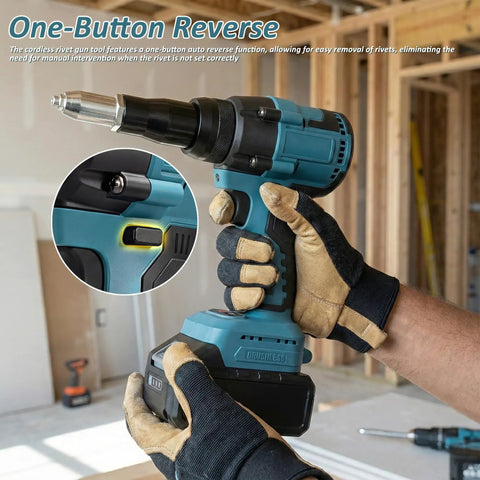 Badass Heavy Duty Cordless Pop Rivet Gun Workhorse with one-button reverse function for easy rivet removal.