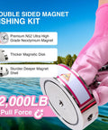 Front view of a double-sided neodymium fishing magnet kit held by a pink-gloved hand over water; chrome disk shows 2,000 lb pull force