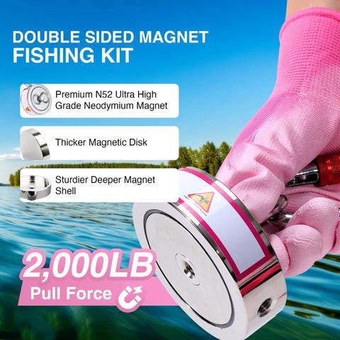 Front view of a double-sided neodymium fishing magnet kit held by a pink-gloved hand over water; chrome disk shows 2,000 lb pull force