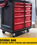 Mobile Tool Work Center On Wheels With 5 Drawers And 250 LB Capacity Built From High Density Structural Foam For Rugged Rust Proof Durability In Warehouse Garage And Maintenance Tasks Plus A Bright Red Locking Cabinet, side view