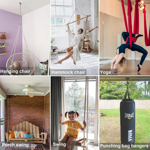 Collage showing uses for Stainless Steel Heavy Duty Ceiling Mount Swing Hanger With 1600 Pound Capacity for swings and yoga.