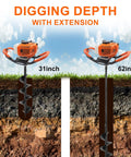 Gas Powered Post Hole Digger Auger With 62CC Engine And 2 Stroke Power Includes 6 Inch And 8 Inch Drill Bits Plus 1 Extension Rod For Fence Posts Trees And Garden Beds Farm Grade Orange shown with 31-inch and 62-inch digging depths comparison.