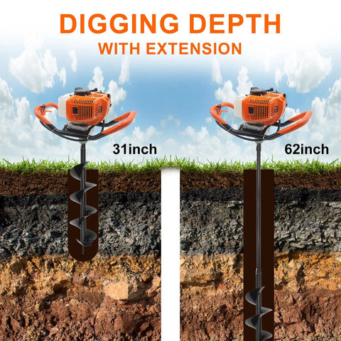 Gas Powered Post Hole Digger Auger With 62CC Engine And 2 Stroke Power Includes 6 Inch And 8 Inch Drill Bits Plus 1 Extension Rod For Fence Posts Trees And Garden Beds Farm Grade Orange shown with 31-inch and 62-inch digging depths comparison.