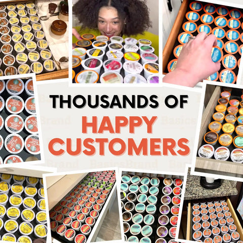Collage of 40 Pod K Cup Drawer Organizer for Kitchen Drawers showcasing multiple customer uses and filled coffee pod trays