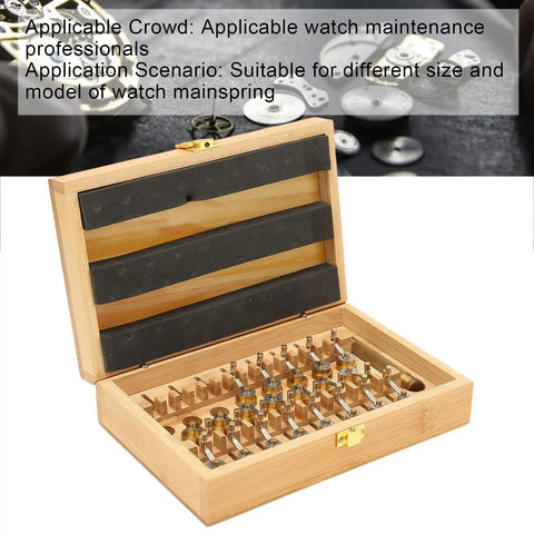 Watch Mainspring Winder Set For Precision Winding And Repair Pro Grade Durable Copper Winding Tool Kit With 20 Sizes displayed in wooden box