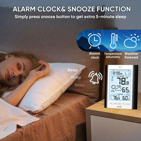 All In One Indoor Outdoor Thermometer And Hygrometer Weather Station With 330 Foot Wireless Remote Sensor on bedside table