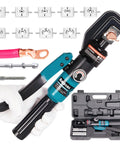 Heavy Duty 10 Ton Hydraulic Battery Cable Crimper With One Hand Operation, 9 Hex Die Set open case and tool view