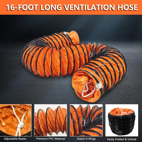 16.4 ft orange ventilation hose for 8 Inch Utility Blower Fan Industrial Portable Exhaust with 900 CFM airflow and 230W motor