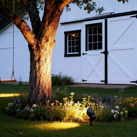 Low Voltage Landscape Spotlights Pro-Grade 50W Halogen Outdoor Garden Lights illuminating tree and flowers at night