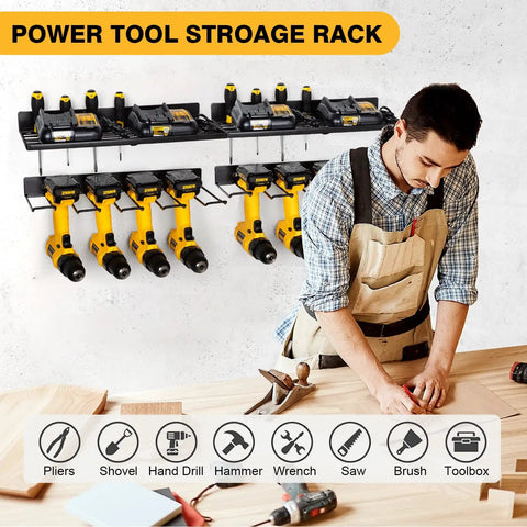 Heavy Duty Wall Mount Tool Organizer Four Pack Set With Dual Racks And Eight Drill Slots in use with tools mounted on shelves