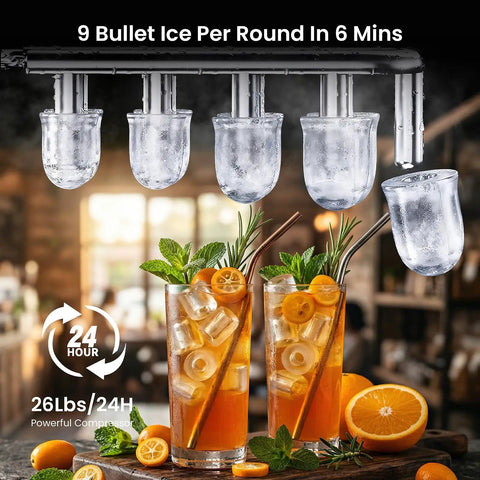 Countertop Ice Maker With Handle Delivers 9 Bullet Ice Cubes In 6 Minutes, Up To 26 Lbs Per Day, with ice and drinks on display