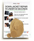 Close-up of Self Adhesive Waterproof Repair Patch Kit showing beige nylon ripstop patches for jackets and more, easy peel and stick.