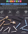 Pro Level 320 Pcs Mixed Self Drilling Screw Assortment Kit Featuring Heavy Duty Self Tapping Fasteners For Wood Sheet Metal And Drywall With Organized Carry Case Built Tough Ready To Roll Anywhere, various screws and finishes displayed.