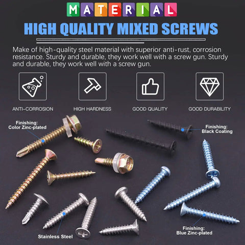 Pro Level 320 Pcs Mixed Self Drilling Screw Assortment Kit Featuring Heavy Duty Self Tapping Fasteners For Wood Sheet Metal And Drywall With Organized Carry Case Built Tough Ready To Roll Anywhere, various screws and finishes displayed.