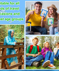 Images of adults and children in various settings using 100 Pack Hooded Adult Rain Ponchos Disposable Plastic Gear Bulk Emergency Rain Coats For Men And Women Multicolor Red Yellow Blue Green White Go-To Weather Protection For Everyday Adventures.