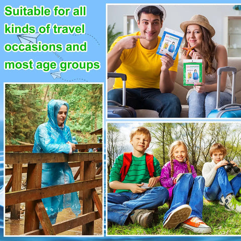 Bulk 200 Pieces Disposable Rain Ponchos With Hood For Adults Mixed Colors Emergency Rain Gear shown worn by different age groups.