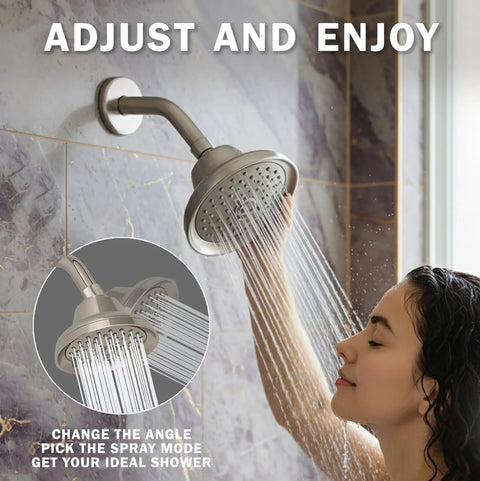 Woman adjusting Ultimate Shower Head With Six Power Spray Patterns Including Mist For Real High Pressure Boost, brushed nickel