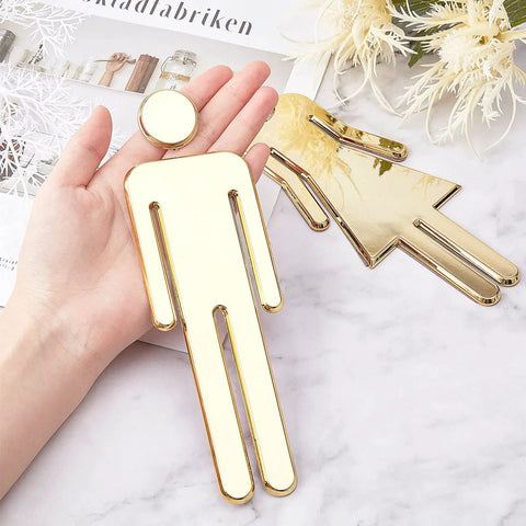 Brushed Gold Restroom Signs For Men And Women Set With Self Adhesive Backing Durable Plastic ABS held in hand