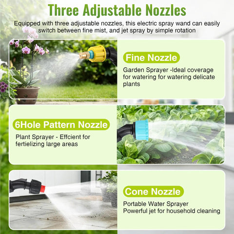 Battery Powered Sprayer Wand With 32 Ft Hose And 3 Adjustable Speeds For Easy Garden Watering, nozzle options overview