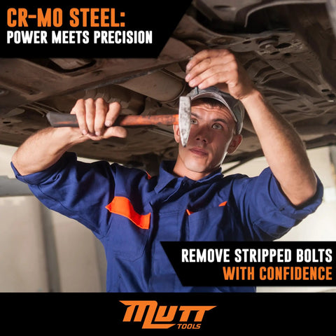 Mechanic using 5 Piece Screw Extractor Set For Stripped And Damaged Screws Easy Out Spiral Extractors In CrMo Alloy Steel