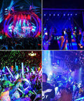 Vibrant party scene with Two Pack 100W LED Black Light Flood Lights With Plug And Switch IP66 Waterproof Neon Glow For parties.