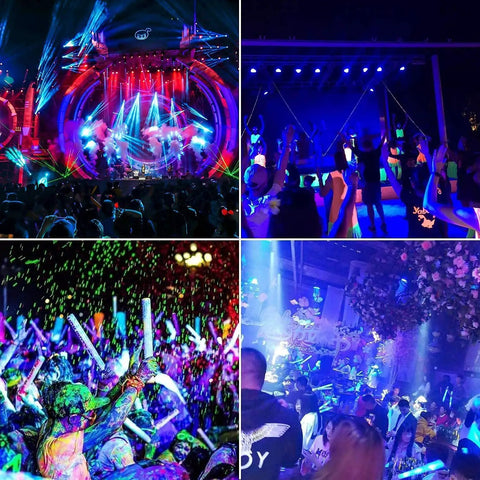 Vibrant party scene with Two Pack 100W LED Black Light Flood Lights With Plug And Switch IP66 Waterproof Neon Glow For parties.