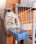 White stacking laundry center shelf with detergent, part of Stacking Laundry Center For Washer And Dryer With Adjustable Shelf Space Saver