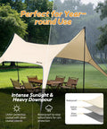 Big Camping Tarp Canopy With Poles 14.8 By 9.8 Feet Waterproof Tent Shelter for 6 to 8 People set up in rain and sun on grass