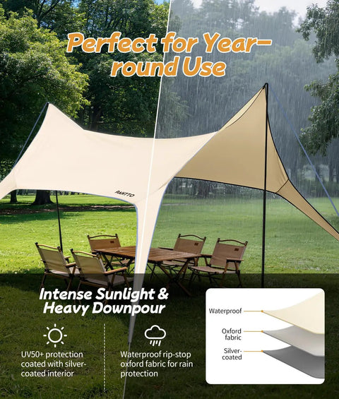 Big Camping Tarp Canopy With Poles 14.8 By 9.8 Feet Waterproof Tent Shelter for 6 to 8 People set up in rain and sun on grass