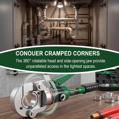 Copper Pipe Crimping Tool With Hydraulic Press For Half Inch, Three Quarter Inch, And One Inch Jaws For Copper Tube Fittings, Slim Head Design For Tight Spaces, Leak Free Crimps, Professional Grade Plumber Tool For Pros And DIYers shown crimping pipe in tight cabinet