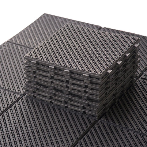 Stack of Interlocking Deck Tiles 27 Pack Outdoor Flooring 12 By 12 Inch Plastic Tiles DIY Friendly All Weather Waterproof Patio Pavers