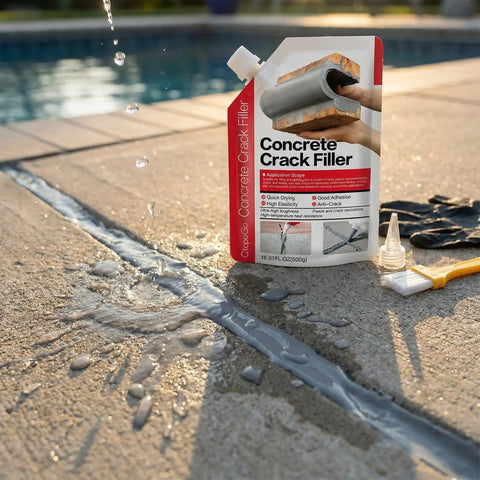 Two Pack 2.2 Pound Grey Concrete Crack Filler Self Leveling Sealant used on a concrete patio crack with packaging shown.