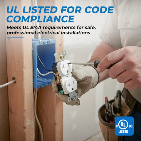 Installs Built Tough 20 Amp Tamper Resistant Duplex Receptacle Outlet 10 Pack with tools, ensuring code compliance by professional.