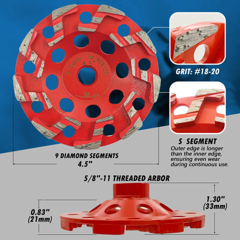 4.5 Inch Diamond Grinding Wheel Workhorse For Aggressive Concrete And Coating Removal With S Segments Grit 18 20 Arbor 5 8 11