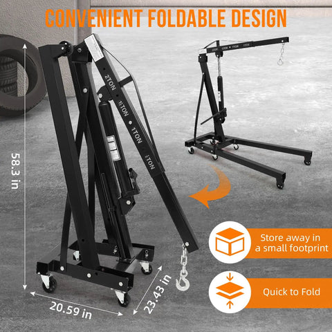 Shop Certified 2 Ton Hydraulic Engine Hoist Cherry Picker For Classic Rides 4400 Lbs with foldable design and ergonomic dimensions.