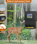 Metal Tough Galvanized Steel Deer Feeder Holds Fifty Pounds Of Corn Or Protein Mix Rust Proof Wild Game Feed Dispenser in a forest with a deer.