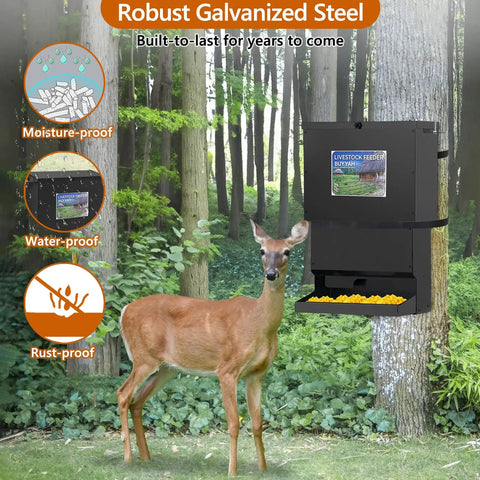 Metal Tough Galvanized Steel Deer Feeder Holds Fifty Pounds Of Corn Or Protein Mix Rust Proof Wild Game Feed Dispenser in a forest with a deer.