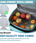 Open view of a black rolling cooler with wheels and handle, 50L capacity for 80 cans, portable insulated PEVA liner, leakproof design.