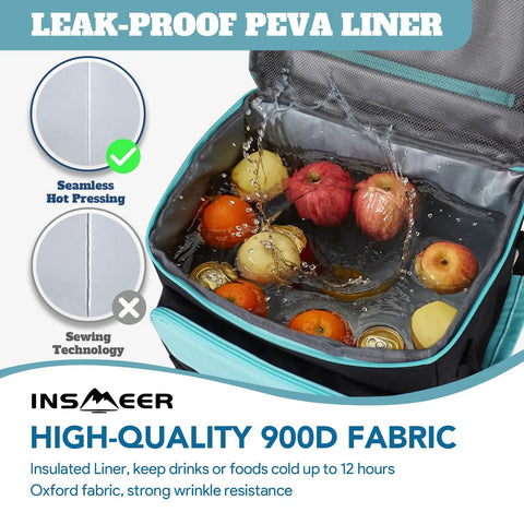 Open view of a black rolling cooler with wheels and handle, 50L capacity for 80 cans, portable insulated PEVA liner, leakproof design.