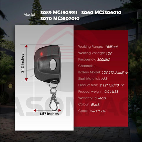 Two Pack Universal MultiCode Gate Opener Remote 3089 308911 MCS308911 with dimensions and specifications on display.