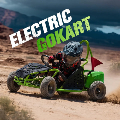 Child riding Hardcore Electric Go Kart With 1000W Brushless Motor, 48V Battery, off-road on dirt terrain with race steering wheel