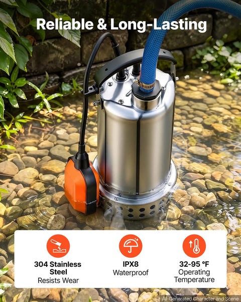 Hardcore Submersible Sump Pump With Smart Auto Float Switch One Horsepower Motor in water, showcasing 304 stainless steel design.